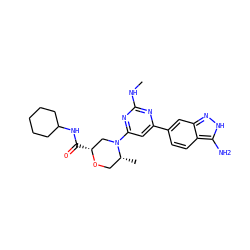 CNc1nc(-c2ccc3c(N)[nH]nc3c2)cc(N2C[C@@H](C(=O)NC3CCCCC3)OC[C@H]2C)n1 ZINC000071296700