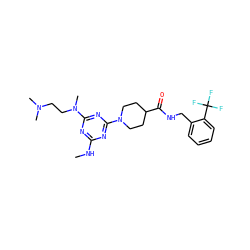 CNc1nc(N(C)CCN(C)C)nc(N2CCC(C(=O)NCc3ccccc3C(F)(F)F)CC2)n1 ZINC000059255381