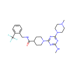 CNc1nc(N2CCC(C(=O)NCc3ccccc3C(F)(F)F)CC2)nc(N2CCN(C)CC2)n1 ZINC000059255385