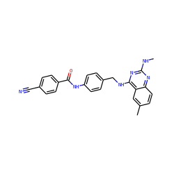 CNc1nc(NCc2ccc(NC(=O)c3ccc(C#N)cc3)cc2)c2cc(C)ccc2n1 ZINC000141898978