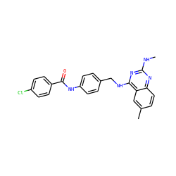 CNc1nc(NCc2ccc(NC(=O)c3ccc(Cl)cc3)cc2)c2cc(C)ccc2n1 ZINC000045258597