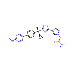CNc1ncc(-c2ccc([C@](C)(c3noc(-c4cnn(CC(=O)N(C)C)c4)n3)C3CC3)cc2)cn1 ZINC000114355768