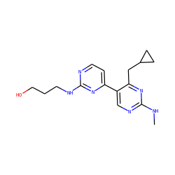 CNc1ncc(-c2ccnc(NCCCO)n2)c(CC2CC2)n1 ZINC001772611033
