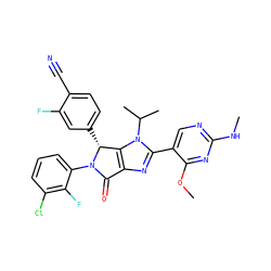 CNc1ncc(-c2nc3c(n2C(C)C)[C@@H](c2ccc(C#N)c(F)c2)N(c2cccc(Cl)c2F)C3=O)c(OC)n1 ZINC000169705783