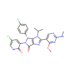 CNc1ncc(-c2nc3c(n2C(C)C)[C@@H](c2ccc(Cl)cc2)N(c2cc(Cl)c[nH]c2=O)C3=O)c(OC)n1 ZINC000169705673