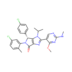 CNc1ncc(-c2nc3c(n2C(C)C)[C@@H](c2ccc(Cl)cc2)N(c2cc(Cl)ccc2C)C3=O)c(OC)n1 ZINC000169705419