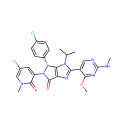 CNc1ncc(-c2nc3c(n2C(C)C)[C@@H](c2ccc(Cl)cc2)N(c2cc(Cl)cn(C)c2=O)C3=O)c(OC)n1 ZINC000169705717