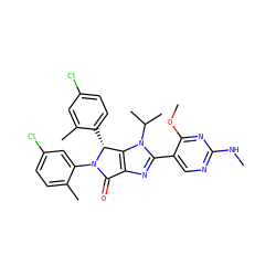 CNc1ncc(-c2nc3c(n2C(C)C)[C@@H](c2ccc(Cl)cc2C)N(c2cc(Cl)ccc2C)C3=O)c(OC)n1 ZINC000169705449