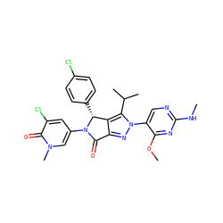 CNc1ncc(-n2nc3c(c2C(C)C)[C@@H](c2ccc(Cl)cc2)N(c2cc(Cl)c(=O)n(C)c2)C3=O)c(OC)n1 ZINC000224907776