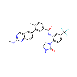 CNc1ncc2cc(-c3cc(C(=O)Nc4cc(C(F)(F)F)ccc4N4CCN(C)C4=O)ccc3C)ccc2n1 ZINC000036758612