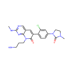 CNc1ncc2cc(-c3ccc(N4CCN(C)C4=O)cc3Cl)c(=O)n(CCCN)c2n1 ZINC000653863933