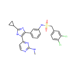 CNc1nccc(-c2[nH]c(C3CC3)nc2-c2cccc(NS(=O)(=O)Cc3ccc(Cl)c(Cl)c3)c2)n1 ZINC000029042576
