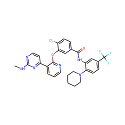 CNc1nccc(-c2cccnc2Oc2cc(C(=O)Nc3cc(C(F)(F)F)ccc3N3CCCCC3)ccc2Cl)n1 ZINC000014957272
