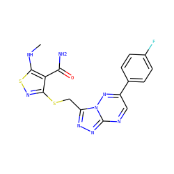 CNc1snc(SCc2nnc3ncc(-c4ccc(F)cc4)nn23)c1C(N)=O ZINC000095556261