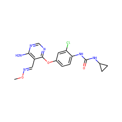 CO/N=C/c1c(N)ncnc1Oc1ccc(NC(=O)NC2CC2)c(Cl)c1 ZINC000066080467