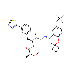 CO[C@@H](C)C(=O)N[C@@H](Cc1cccc(-c2nccs2)c1)[C@H](O)CN[C@H]1CC2(CCC2)Oc2ncc(CC(C)(C)C)cc21 ZINC000095574641