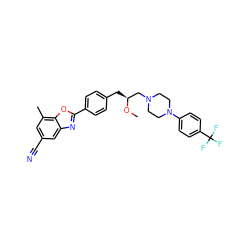 CO[C@@H](Cc1ccc(-c2nc3cc(C#N)cc(C)c3o2)cc1)CN1CCN(c2ccc(C(F)(F)F)cc2)CC1 ZINC000066104436