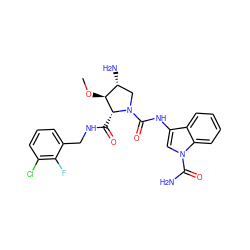 CO[C@@H]1[C@@H](C(=O)NCc2cccc(Cl)c2F)N(C(=O)Nc2cn(C(N)=O)c3ccccc23)C[C@H]1N ZINC000148396809