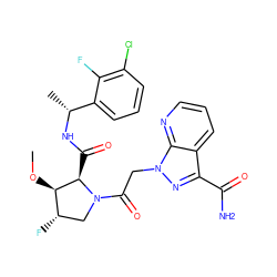 CO[C@@H]1[C@@H](F)CN(C(=O)Cn2nc(C(N)=O)c3cccnc32)[C@@H]1C(=O)N[C@H](C)c1cccc(Cl)c1F ZINC000144009034