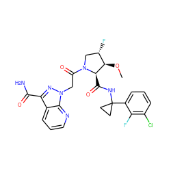 CO[C@@H]1[C@@H](F)CN(C(=O)Cn2nc(C(N)=O)c3cccnc32)[C@@H]1C(=O)NC1(c2cccc(Cl)c2F)CC1 ZINC000143915103