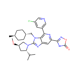 CO[C@@H]1C[C@@H](C(C)C)N(c2nc3cc(-c4noc(=O)[nH]4)nc(-c4cncc(Cl)c4)c3n2C[C@H]2CC[C@H](C)CC2)C1 ZINC000261155285