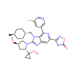 CO[C@@H]1C[C@@H](C2(OC)CC2)N(c2nc3cc(-c4noc(=O)[nH]4)nc(-c4cncc(Cl)c4)c3n2C[C@H]2CC[C@H](C)CC2)C1 ZINC000261114340