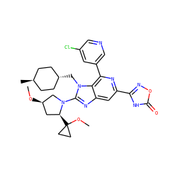 CO[C@@H]1C[C@H](C2(OC)CC2)N(c2nc3cc(-c4noc(=O)[nH]4)nc(-c4cncc(Cl)c4)c3n2C[C@H]2CC[C@H](C)CC2)C1 ZINC000261114341