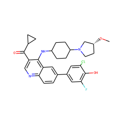 CO[C@@H]1CCN(C2CCC(Nc3c(C(=O)C4CC4)cnc4ccc(-c5cc(F)c(O)c(Cl)c5)cc34)CC2)C1 ZINC000219379186