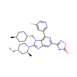 CO[C@@H]1CCN(c2nc3cc(-c4noc(=O)[nH]4)nc(-c4cncc(Cl)c4)c3n2C[C@H]2CC[C@H](C)CC2)[C@@H](C)C1 ZINC001772645340