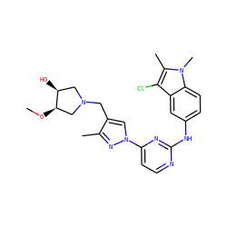 CO[C@@H]1CN(Cc2cn(-c3ccnc(Nc4ccc5c(c4)c(Cl)c(C)n5C)n3)nc2C)C[C@@H]1O ZINC000169709026
