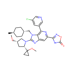CO[C@H]1C[C@@H](C2(OC)CC2)N(c2nc3cc(-c4noc(=O)[nH]4)nc(-c4cncc(Cl)c4)c3n2C[C@H]2CC[C@H](C)CC2)C1 ZINC001772571262