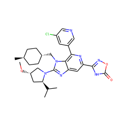 CO[C@H]1C[C@H](C(C)C)N(c2nc3cc(-c4noc(=O)[nH]4)nc(-c4cncc(Cl)c4)c3n2C[C@H]2CC[C@H](C)CC2)C1 ZINC001772619384