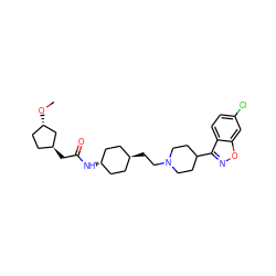 CO[C@H]1CC[C@H](CC(=O)N[C@H]2CC[C@H](CCN3CCC(c4noc5cc(Cl)ccc45)CC3)CC2)C1 ZINC001772631134