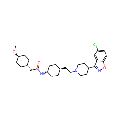 CO[C@H]1CC[C@H](CC(=O)N[C@H]2CC[C@H](CCN3CCC(c4noc5ccc(Cl)cc45)CC3)CC2)CC1 ZINC001772589626