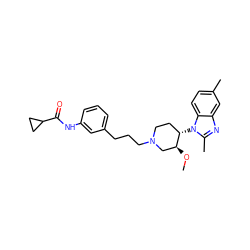 CO[C@H]1CN(CCCc2cccc(NC(=O)C3CC3)c2)CC[C@@H]1n1c(C)nc2cc(C)ccc21 ZINC000029129087