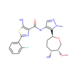 CO[C@H]1CO[C@H](c2c(NC(=O)c3nc(-c4ccccc4F)sc3N)cnn2C)CC[C@H]1N ZINC000221399316