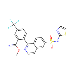 COC(=N)c1cc(C(F)(F)F)ccc1-c1nccc2cc(S(=O)(=O)Nc3nccs3)ccc12 ZINC000215503958