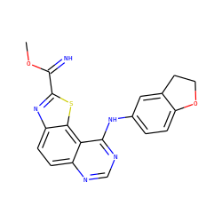 COC(=N)c1nc2ccc3ncnc(Nc4ccc5c(c4)CCO5)c3c2s1 ZINC000207594408