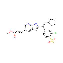 COC(=O)/C=C/c1cnc2[nH]c(/C(=C/C3CCCC3)c3ccc(S(C)(=O)=O)c(Cl)c3)cc2c1 ZINC000653808308