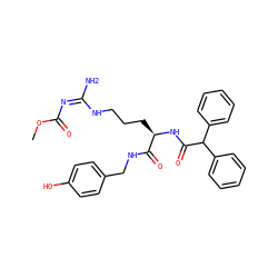 COC(=O)/N=C(/N)NCCC[C@@H](NC(=O)C(c1ccccc1)c1ccccc1)C(=O)NCc1ccc(O)cc1 ZINC000096319474