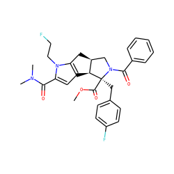 COC(=O)[C@@]1(Cc2ccc(F)cc2)[C@H]2c3cc(C(=O)N(C)C)n(CCF)c3C[C@H]2CN1C(=O)c1ccccc1 ZINC000064700385