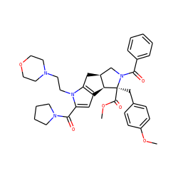 COC(=O)[C@@]1(Cc2ccc(OC)cc2)[C@H]2c3cc(C(=O)N4CCCC4)n(CCN4CCOCC4)c3C[C@H]2CN1C(=O)c1ccccc1 ZINC000064622531