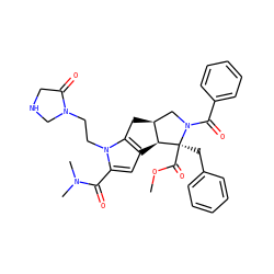 COC(=O)[C@@]1(Cc2ccccc2)[C@H]2c3cc(C(=O)N(C)C)n(CCN4CNCC4=O)c3C[C@H]2CN1C(=O)c1ccccc1 ZINC000064617863