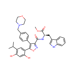 COC(=O)[C@@H](Cc1c[nH]c2ccccc12)NC(=O)c1noc(-c2cc(C(C)C)c(O)cc2O)c1-c1ccc(CN2CCOCC2)cc1 ZINC001772606879