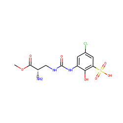 COC(=O)[C@@H](N)CNC(=O)Nc1cc(Cl)cc(S(=O)(=O)O)c1O ZINC000149284724