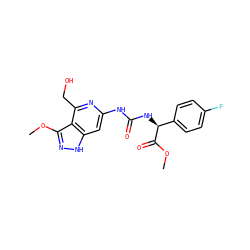 COC(=O)[C@@H](NC(=O)Nc1cc2[nH]nc(OC)c2c(CO)n1)c1ccc(F)cc1 ZINC001772616489