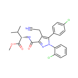 COC(=O)[C@@H](NC(=O)c1nn(-c2ccccc2Cl)c(-c2ccc(Cl)cc2)c1CC#N)C(C)C ZINC000045337327
