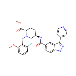 COC(=O)[C@@H]1CC[C@@H](NC(=O)c2ccc3[nH]nc(-c4ccncc4)c3c2)CN1Cc1c(F)cccc1OC ZINC000205013430