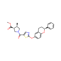 COC(=O)[C@@H]1CN(C(=O)c2cnc(Oc3ccc4c(c3)CC[C@@H](c3ccccc3)O4)s2)C[C@@H]1C ZINC000145579036