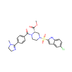COC(=O)[C@@H]1CN(S(=O)(=O)c2cc3cc(Cl)ccc3[nH]2)CCN1C(=O)c1ccc(C2=NCCN2C)cc1 ZINC000026171016